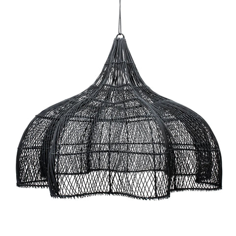 A black, wire-frame pendant light with a dome shape hangs from a cord. The design features a mesh-like structure, resembling an open-work cage, adding an industrial and artistic element to the decor, seamlessly blending with boho style for a unique decorative pendant lamp.