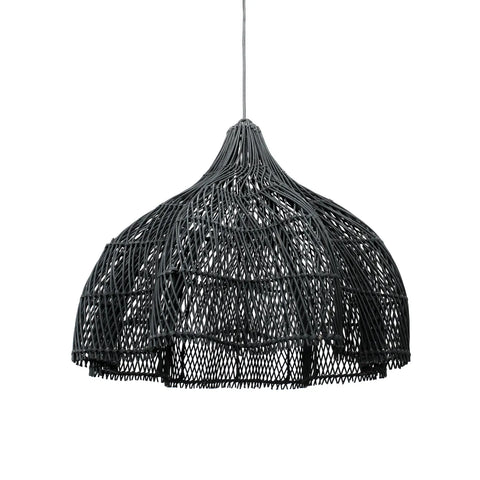 A boho style lamp, this black wicker pendant with a dome-shaped design hangs from a thin cord. The intricate woven pattern of the decorative pendant lamp allows light to pass through, creating a textured illumination effect against a white background.