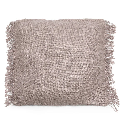 A square beige pillow with a unique textile and a textured fabric surface, featuring fringe along the edges for a boho vibe.