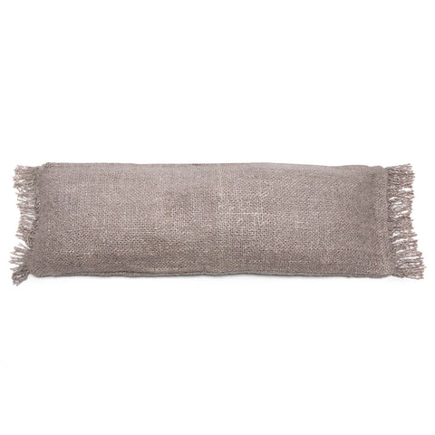 A rectangular burlap pillow with fringed edges, in a muted beige hue, exudes a boho vibe against a white background. The texture is coarse and rustic, perfect for casual or farmhouse decor styles.