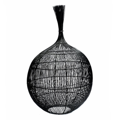 A tall, black wire vase with a spherical body and narrow neck resembles a boho lamp. The intricate, crisscrossed wire patterns create a see-through effect against a plain white background, adding an artistic flair similar to that of rattan decor.