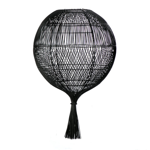 A black, spherical wire sculpture with intricate crisscross patterns, tapering to a gathered base. Resembling an abstract balloon or bulb shape, this boho lamp's open structure creates an airy feel against a white background, perfect for adding a touch of artistry to any room.