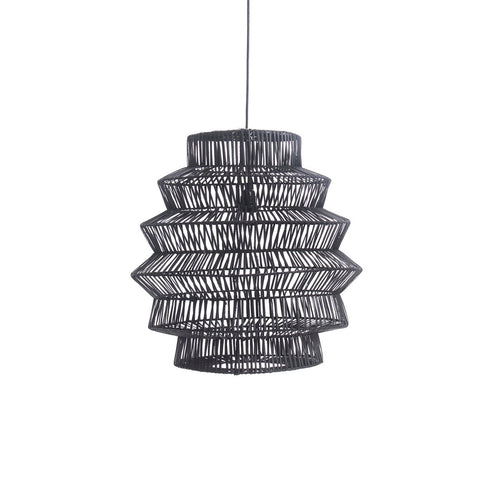 Black, intricately woven pendant light with a geometric design crafted from rattan, suspended from a cord against a white background.