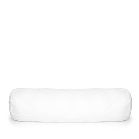 A cylindrical white bolster pillow with a smooth cotton texture, placed on a plain white background.