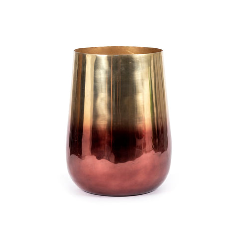 A metallic two-tone planter, perfect for any indoor living space, boasts a smooth, shiny finish that transitions from gold at the top to a rich copper hue at the bottom. Its glossy surface reflects light beautifully, with a wide base and slightly narrower opening enhancing its elegant design.