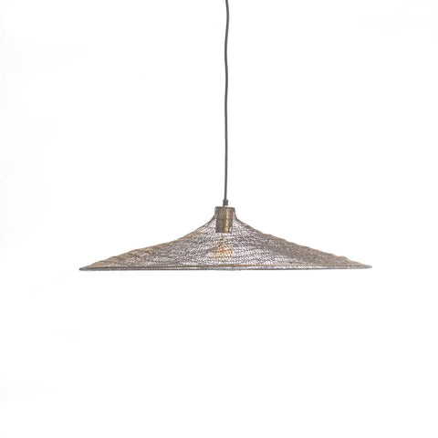 A minimalist Namaste pendant light features a wide, woven rattan shade against a white background. The conical design, combined with the lamp's brass shine, allows light to filter through beautifully, creating a soft, natural ambiance that exudes relaxed elegance.