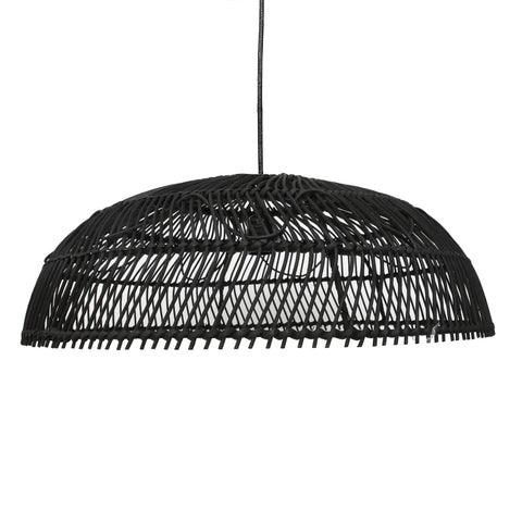 A black woven rattan pendant light with a dome-shaped design hangs from a cord. This handcrafted piece features an intricate pattern, creating a textured and stylish appearance, perfect for modern or bohemian interiors.