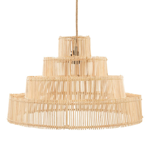 A tiered pendant light featuring woven bamboo and rattan, with three levels suspended from a cord. This design showcases an open, airy look with vertical slats, casting intricate shadows when lit—perfect above a dining table for a touch of elegance.