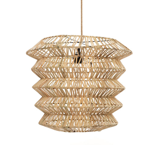 A woven rattan pendant light fixture hangs against a white background, boasting a bohemian lamp shade with a geometric zigzag pattern. Its open design lends a natural and airy appearance, making it a perfect addition to any serene space.