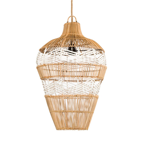 A boho lamp manifesting as a rattan pendant, handcrafted from light-colored woven rattan and white thread. Its hanging basket-style boasts a tapered design adorned with a striking geometric pattern.