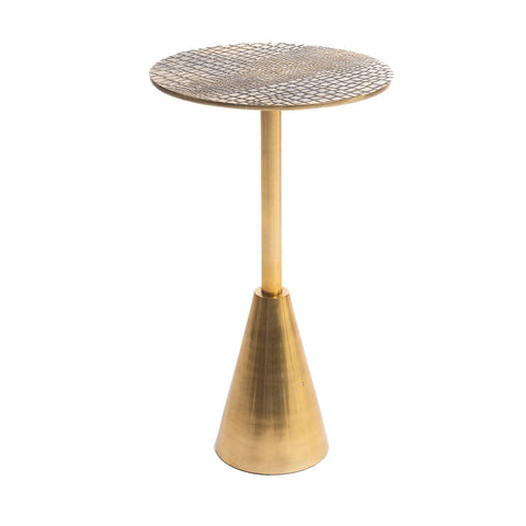 A modern, brass side table featuring a round, croco print top and a conical base. The metallic finish gives it a sleek and contemporary look.