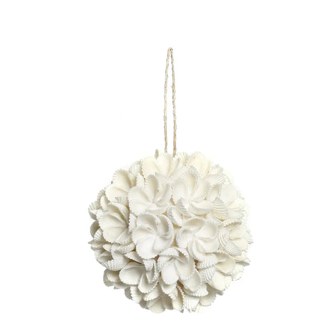 A spherical floral ornament crafted by Balinese craftsmen, featuring a cluster of white, textured flowers. It includes a looped string at the top for hanging. The flowers are delicately arranged to form a decorative ball, perfectly complementing bohemian interiors.