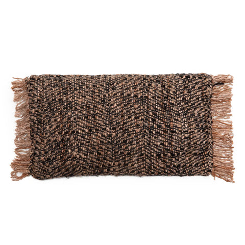 A rectangular woven cotton cushion with a textured, brown and black speckled pattern exudes a boho vibe. The pillow features fringed tassels on its shorter sides, adding a decorative touch.