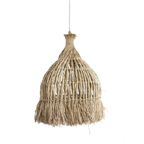 The Guagua pendant lamp, crafted from woven straw and resembling a bell, elegantly hangs from a rope. Its intricately woven mendong grass creates a textured and rustic appearance, perfect for enhancing natural lighting in any space.