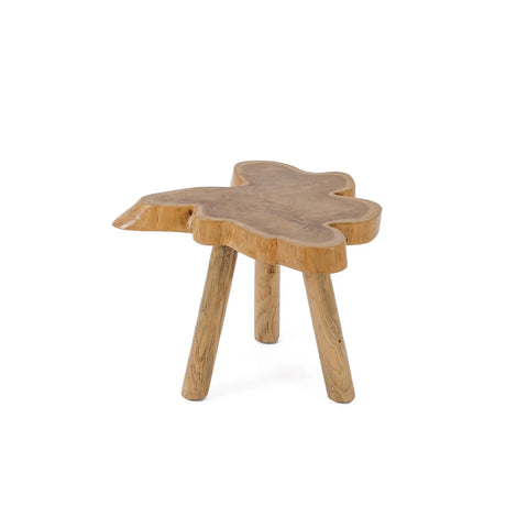 Teak wood stool with a uniquely shaped, natural finish seat resembling a butterfly. It showcases organic textures and woodgrain on its three sturdy legs, making it perfect as a small side table.