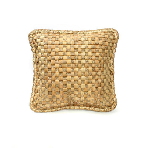 The Hyacinth Handwoven Cushion features a boho vibe with its square shape and woven design in shades of beige and brown on a white background, perfect for soft furnishings.