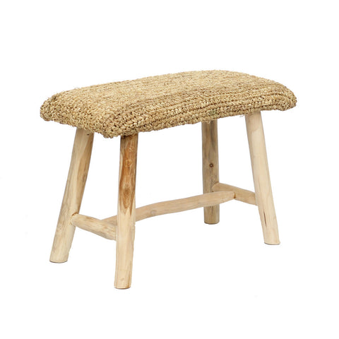 A rustic raffia stool with a woven, natural fiber seat. Crafted from teak wood, it features four sturdy legs and a simple, minimalist design. Perfect for adding a touch of summer vibe and natural decor to any space.